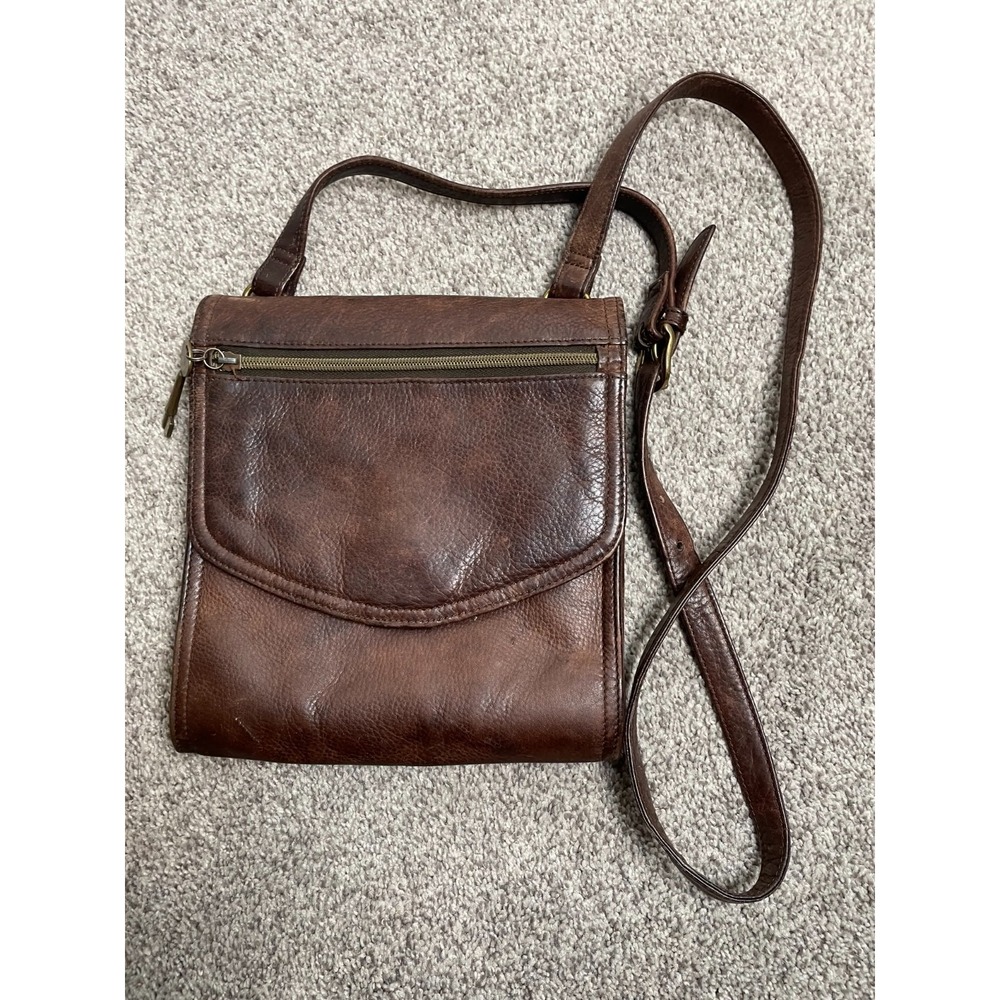 Fossil Purse Small Square Brown Leather Structured Crossbody Fold Over Classic